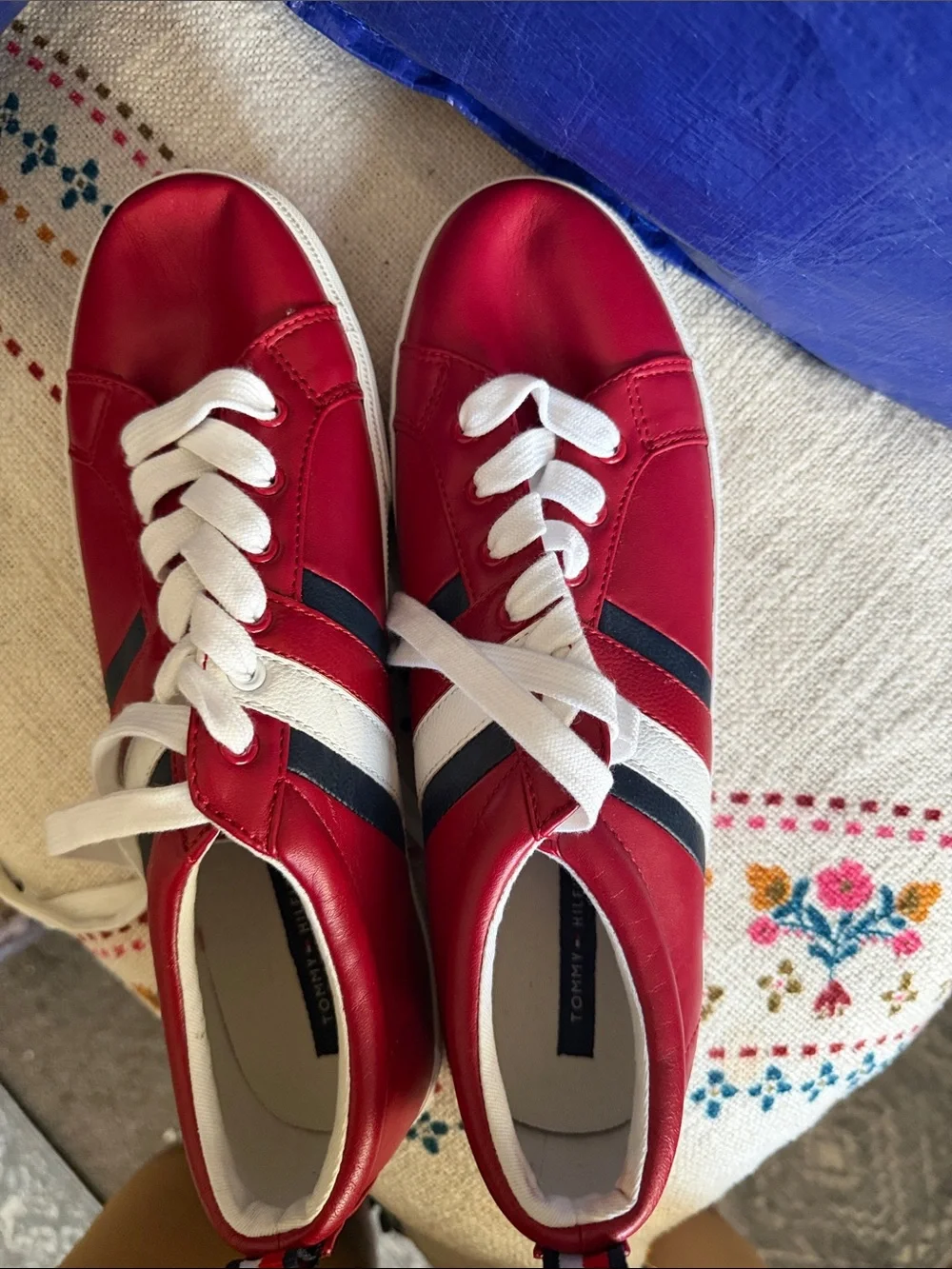 Tommy Hilfiger Red Low-Top Sneakers with White & Navy Stripes